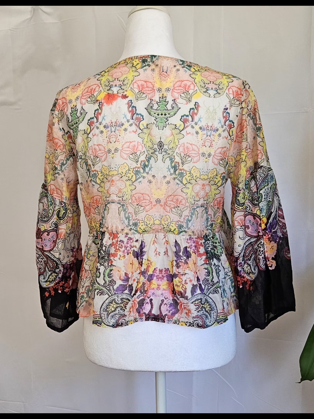 Natural Life Boho Floral Paisley Peplum Blouse S Cotton V-Neck Sequin Trim Bell - Picture 4 of 15
